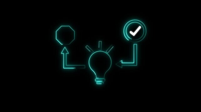 Flowchart animation with light bulb idea icon. Cyan neon flowchart process diagram. Flowchart business strategy graphic on black.