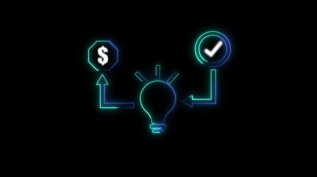 Flowchart animation with dollar sign symbol. Neon flowchart financial process diagram. Flowchart business growth graphic on black.