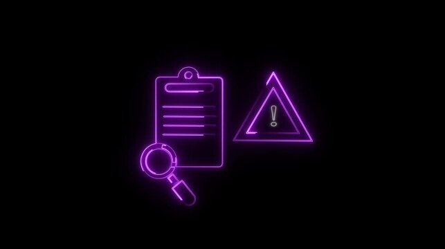 Clipboard icon animation with magnifying glass. Purple clipboard icon audit and warning. Clipboard icon data analysis graphic.