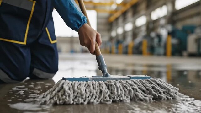 industrial floor cleaning process using mop in warehouse with water and foam cleaning technique