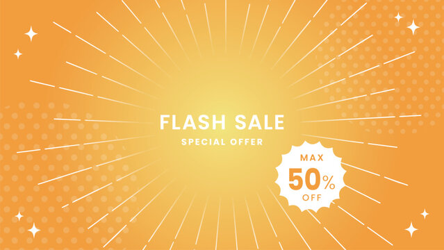 Flash Sale Yellow Background with Radial Burst and Discount Label 黄色の放射線スーパーセール背景と割引ラベル