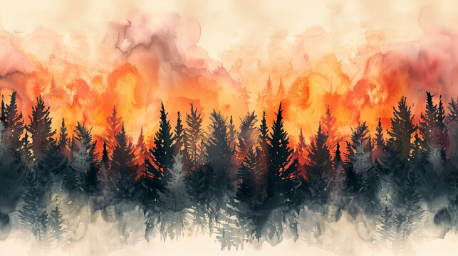 Watercolor forest landscape at sunset with flames and smoke