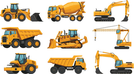 Professional Heavy Construction Machinery Set Featuring Excavators, Dump Trucks, Bulldozers, and Concrete Mixers for Industrial Engineering and Building Site Graphic DesignsProfessional Heavy Construc © Sonjoy