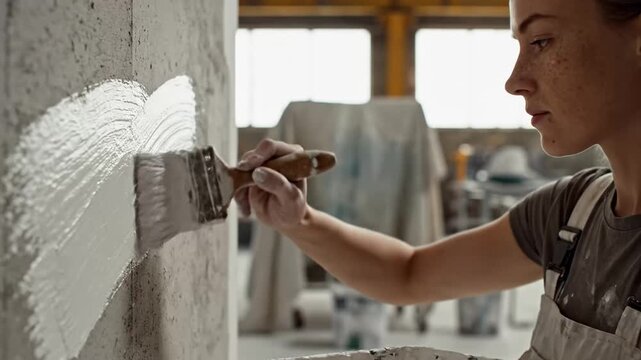 Artistic process of a woman applying white paint to a textured wall in a workshop setting