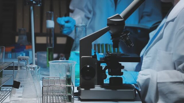 Science, laboratory and woman with pipette, test tube and biotech solution in research. Medical innovation, scientist or lab technician in study for healthcare, medicine and vaccine results feedback.