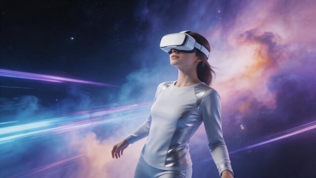 Woman wearing VR headset in space