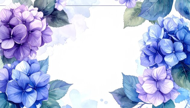 紫陽花の水彩フレーム素材　白背景