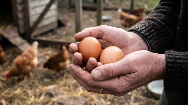 Farmer Holding Two Fresh Chicken Eggs Just Taken In Poultry Farm Background