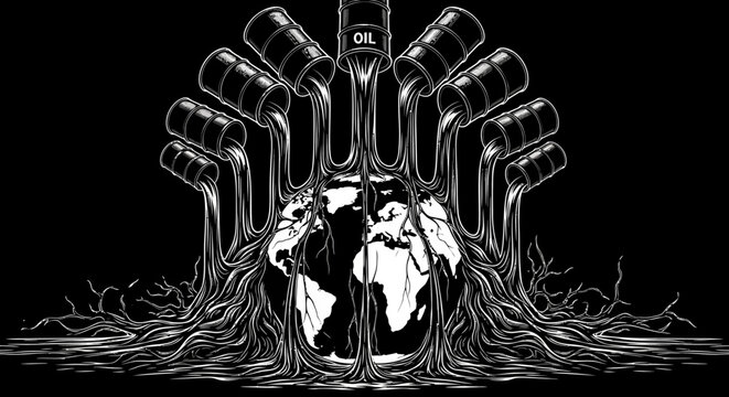 Black and white illustration of earth with roots and tubes.