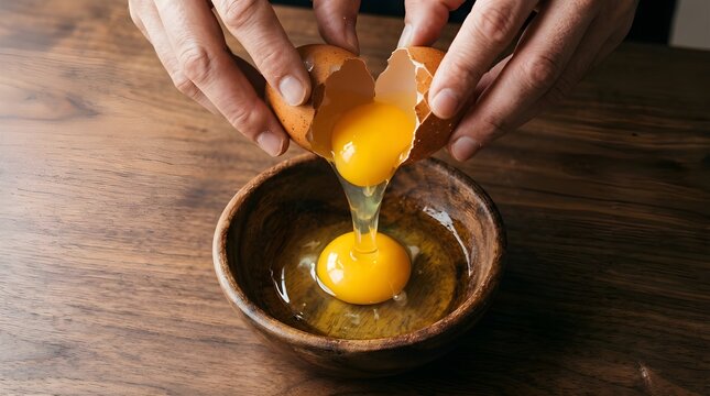 Close up of hands cracking a fresh raw egg into a wooden bowl on a table