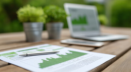 Obraz premium Printed reports with laptop and plants create clean financial workspace emphasizing analysis, planning, and sustainable productivity.