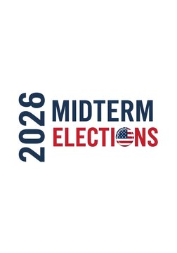 Bold graphic design announcing the 2026 midterm elections with patriotic American flag colors.