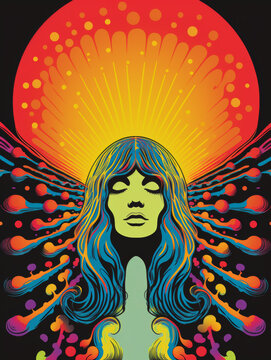 Mystic woman 1970s black light poster trippy psychedelic wall art for meditation room minimalist groovy vibes neon color rave party decor music concert ad background copy space