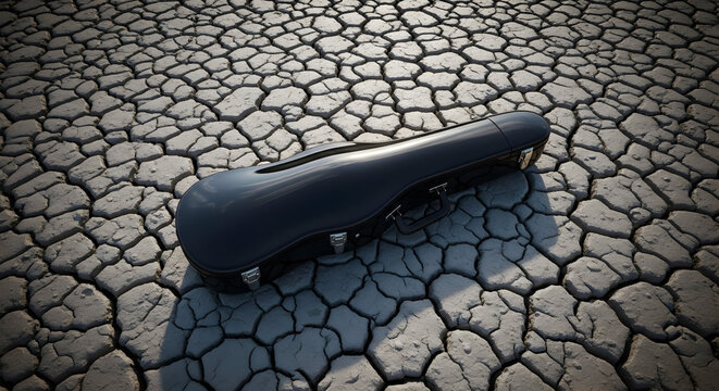 Sleek black violin case rests abandoned on cracked, arid earth under dramatic lighting, evoking themes of artistic struggle and environmental desolation