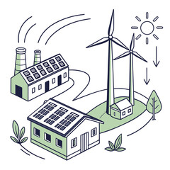 Naklejka premium Renewable energy sources including solar panels on a house and wind turbines generating clean power