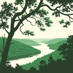 Fototapeta premium A serene green landscape with a river flowing through a valley surrounded by trees and hills