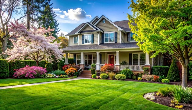 Beautiful house with lush green lawn, colorful flowers, and vibrant trees on a sunny day