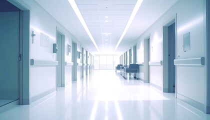 Fototapeta premium Bright, sterile hospital corridor with multiple doors and overhead lighting