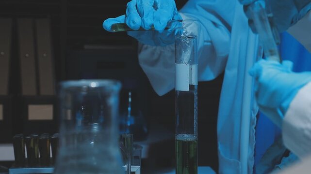 Science, laboratory and woman with pipette, test tube and biotech solution in research. Medical innovation, scientist or lab technician in study for healthcare, medicine and vaccine results feedback.