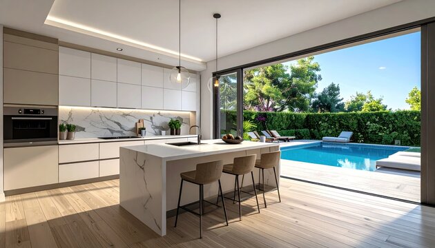 Modern kitchen opens to a sunlit patio with a pool, lush greenery, and seating; spacious, stylish design