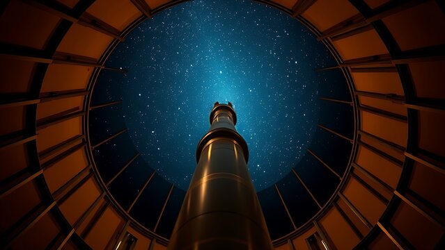 slit. Inside a grand observatory, a large telescope points towards a starry night sky. STEM education sheets, lab safety posters, designed for STEM education and laboratory safety posters.