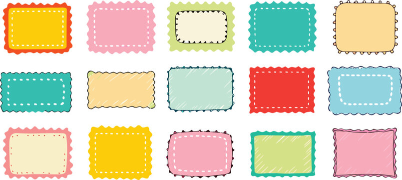 Collection of hand-drawn decorative frames with scolloped edges in various bright colors for notes and labels