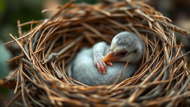 featherless. A featherless newborn hatchling curled in an empty nest, soft natural light. wildlife magazines, conservation campaigns, designed for wildlife conservation campaigns.