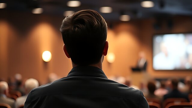 listener. A lone listener in an auditorium, attentively focused under a soft spotlight from above. wellbeing guides, coaching materials, designed for coaching and self-improvement content.