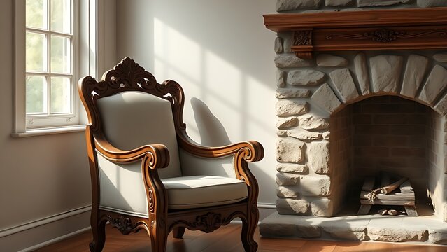 aff. Ornate carved oak armchair beside a stone fireplace with soft window light. real-estate listings, architecture portfolios, designed for architectural facade and classical detail presentations.