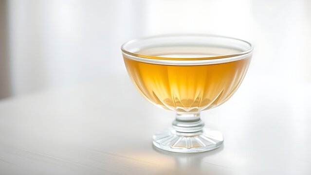 consomme. Crystal clear glass bowl filled with golden consomme soup, natural window lighting. menu design, packaging mockups, designed for food delivery and cloud-kitchen brand materials.