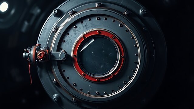 airlock. Circular spaceship airlock door with red sealing valve and window. product launch decks, UI/UX mockups, designed for product launches and innovation pitches, used by operations managers.