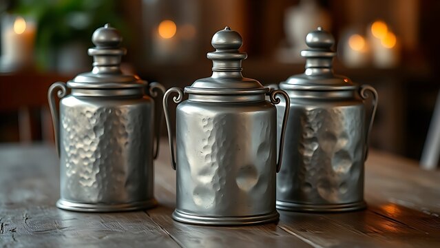 flagons. Three antique pewter flagons on a rustic wooden table illuminated by candlelight. bar promotions, beverage menus, designed for product packaging and bar promotions.
