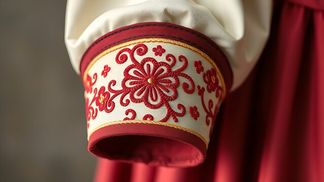 tenet. Detailed dancheong patterns embroidered on the cuff of a traditional hanbok sleeve. event programs, museum guides, designed for cultural heritage projects and event programs.