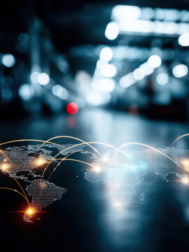 Luminous digital world map projects glowing orange connection arcs across dark industrial warehouse floor surface globally.