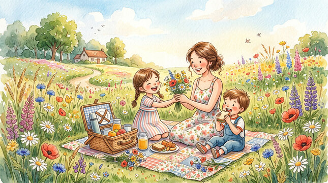 Watercolor illustration of happy family having picnic in blooming summer meadow
