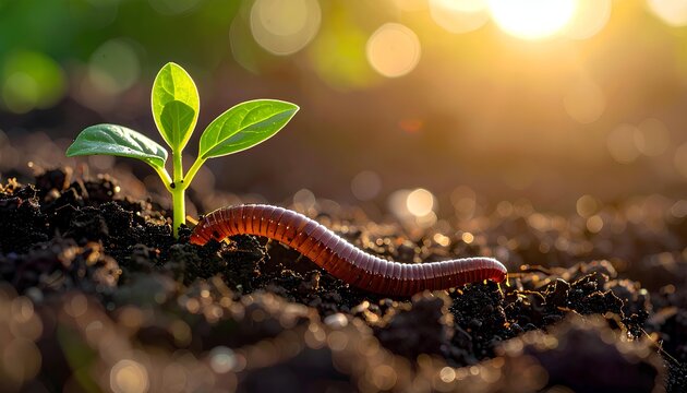 Young Plant Sprouts and Millipede in Soil - Land Restoration Concept