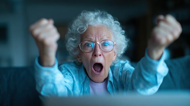 An elderly woman expresses her frustration and anger while shouting at a computer screen, conveying strong emotions often associated with technology challenges.