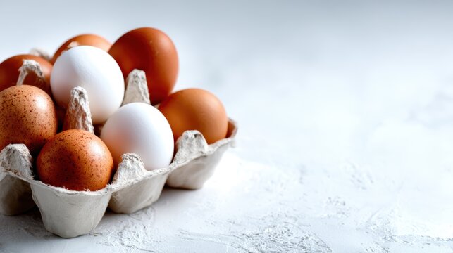 A variety of brown and white eggs neatly arranged in a cardboard tray highlighting their natural textures and colors, perfect for culinary and agricultural themes.