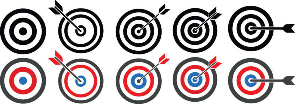 Target icons set. Goal symbol collection. Simple target with arrow. Darts icon. Hitting the bullseye icon line and flat style