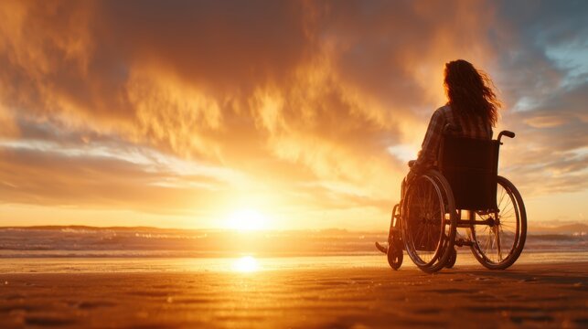 A person in a wheelchair enjoys a breathtaking sunset at the beach, symbolizing resilience and the beauty of life's moments despite challenges faced day by day.