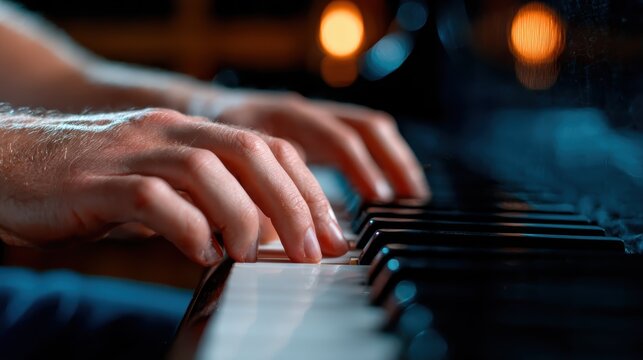 Skilled hands gracefully play a melodic tune on a piano, capturing the beauty of music and the emotional connection it creates between artist and instrument in a serene setting.