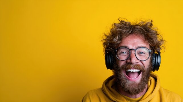 A cheerful man with curly hair and glasses smiles widely while wearing headphones, embodying the joy of music and the vibrant energy of youth against a bright yellow backdrop.