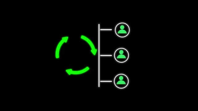 Minimal neon icon of user synchronization: green circular arrows next to vertical list of three user avatars on dark background, representing data sync, update, or team collaboration.
