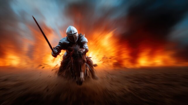 A valiant knight on horseback charges through a dramatic battlefield filled with chaos and fire, emphasizing bravery, conflict, and the intensity of medieval warfare.