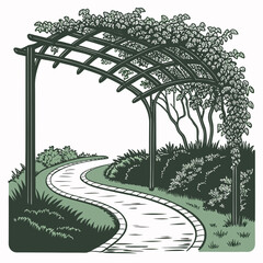 Obraz premium Green and white of a garden pathway with a pergola