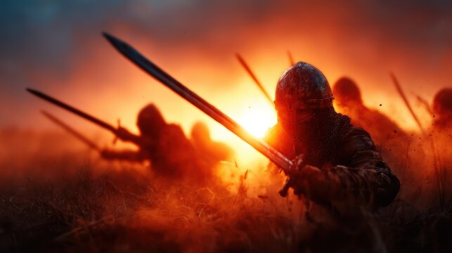 A group of armored warriors charge into battle, their swords raised against a fiery sunset backdrop, symbolizing courage, conflict, and the epic nature of human struggle.