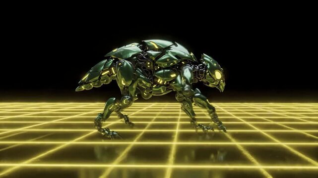 Mechanical Insectoid Robot Walking on Glowing Yellow Grid in Dark Futuristic Environment