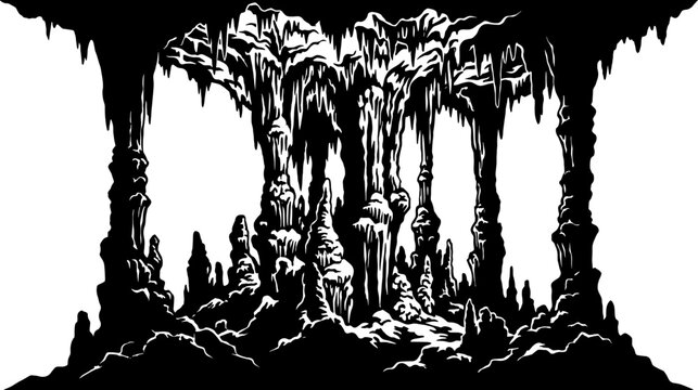 Subterranean chamber filled with numerous vertical rock formations and pillars