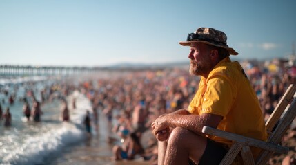 Fototapeta premium A thoughtful man in a yellow shirt and hat gazes at a crowded beach, encapsulating the essence of summer relaxation amidst the lively atmosphere and ocean breeze.