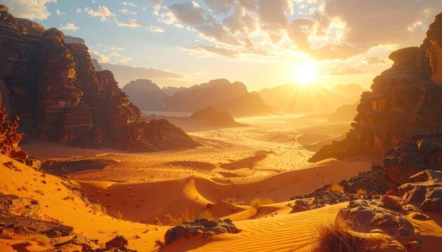 A breathtaking panoramic view of a desert landscape at sunset, featuring towering sandstone formations and golden light illuminating the vast expanse.